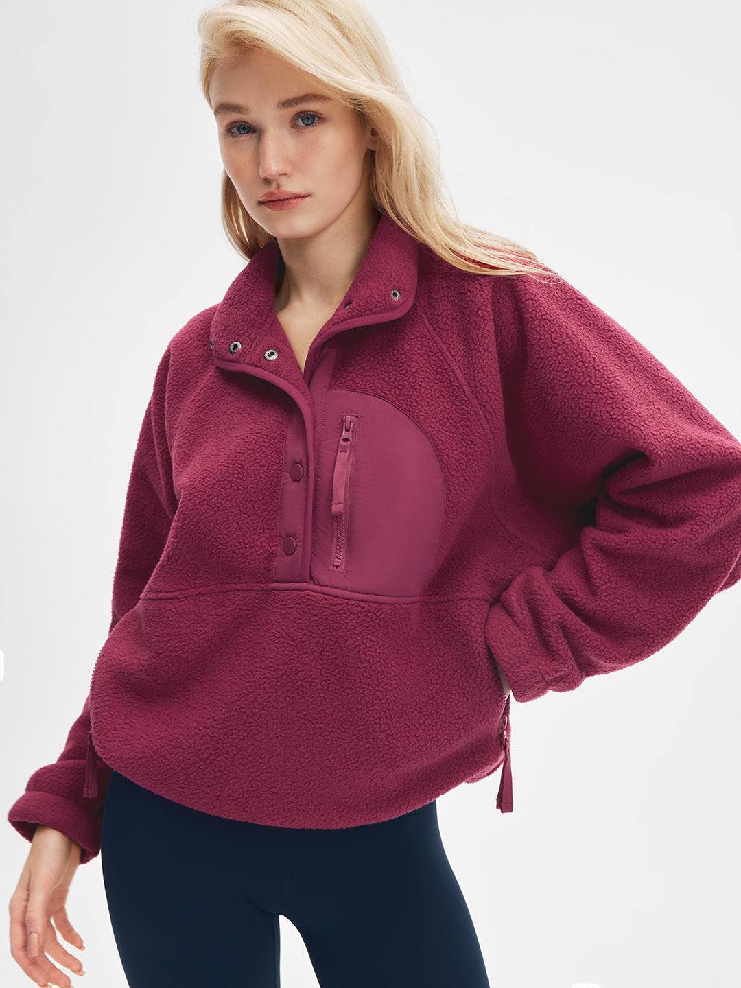 Fleece Quarter Button Pullover #Raspberry