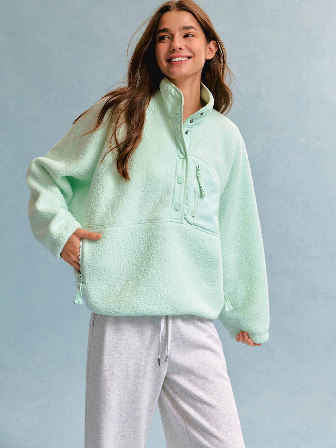Fleece Quarter Button Pullover #Mint