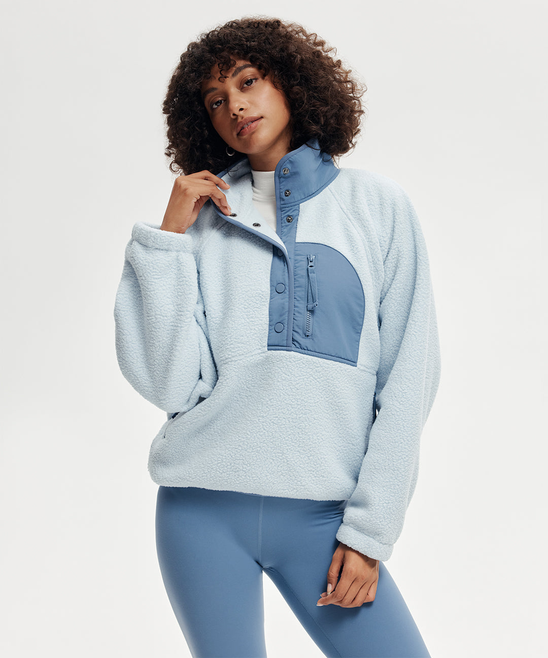 Fleece Quarter Button Pullover #Sky Blue