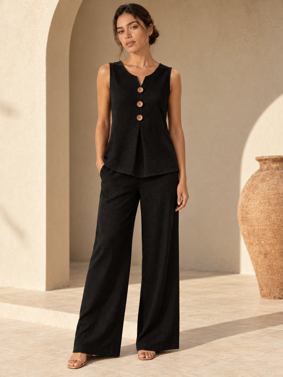 Women's Sleeveless Button Top and Loose Pants Set #Black