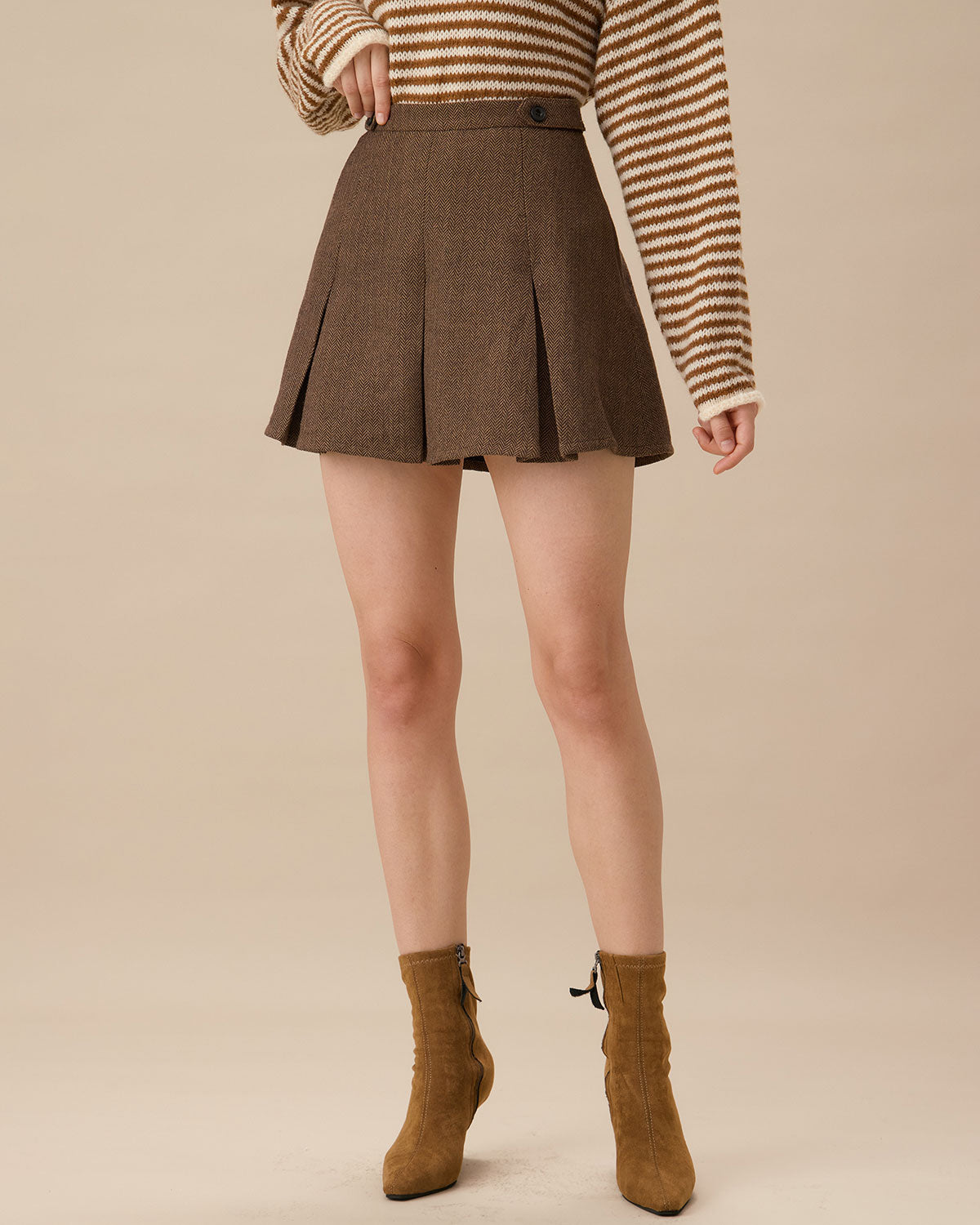RIHOAS Falda Mini Plisada de Rayas Marrones