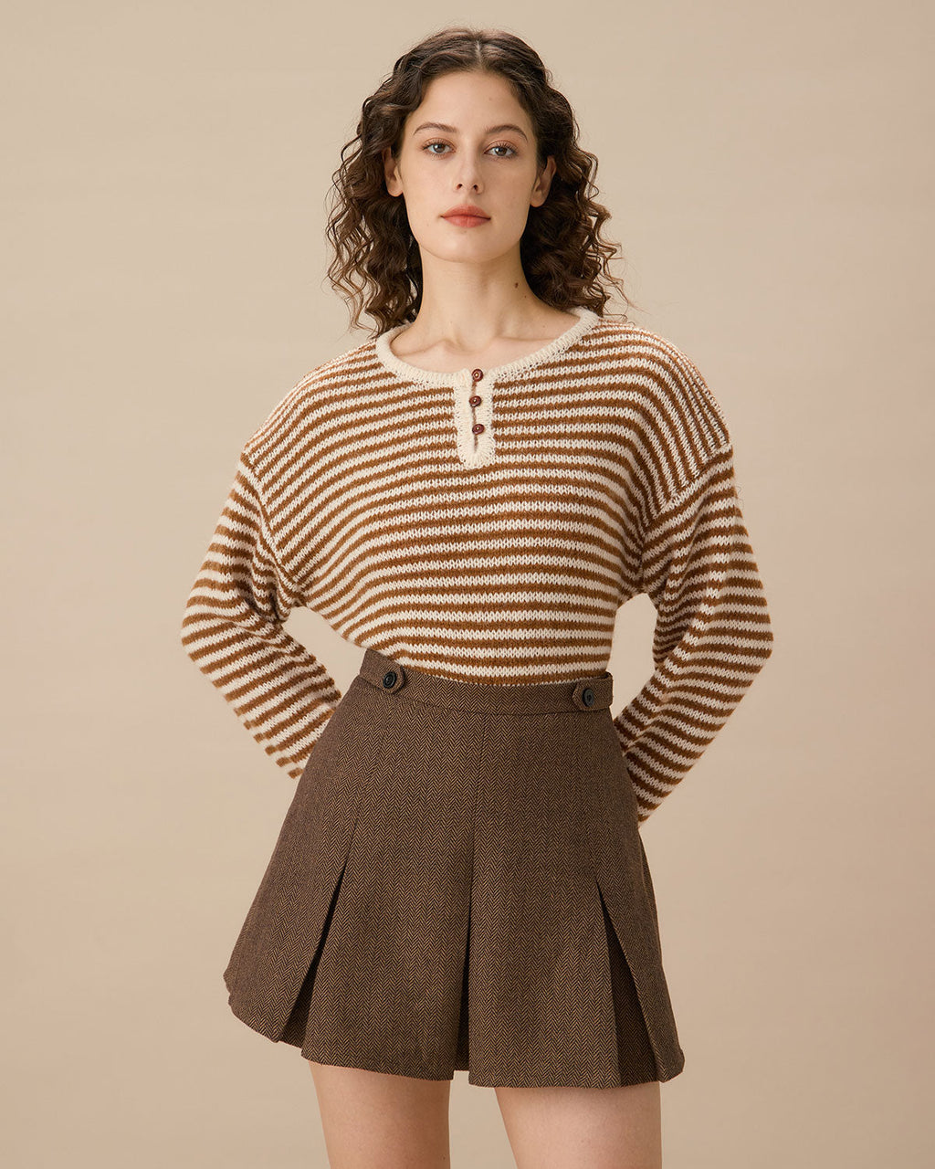 RIHOAS Falda Mini Plisada de Rayas Marrones