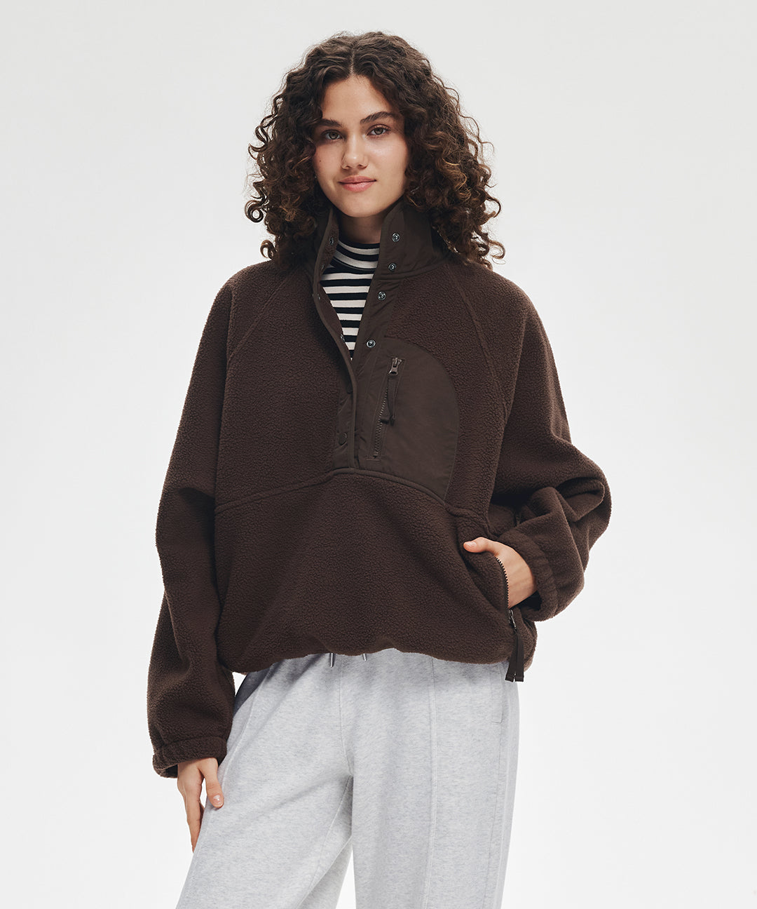 Fleece Quarter Button Pullover #Dark Red Brown