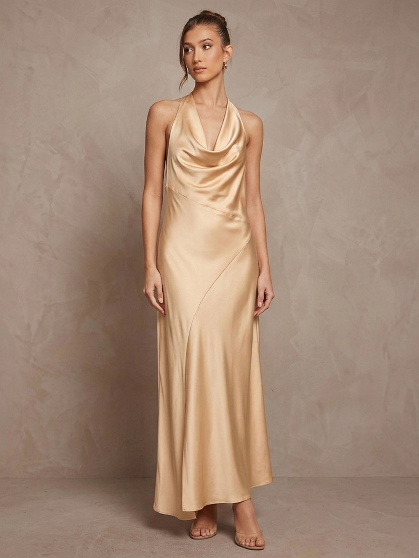 Cowl Neck Halter Silk Maxi Dress