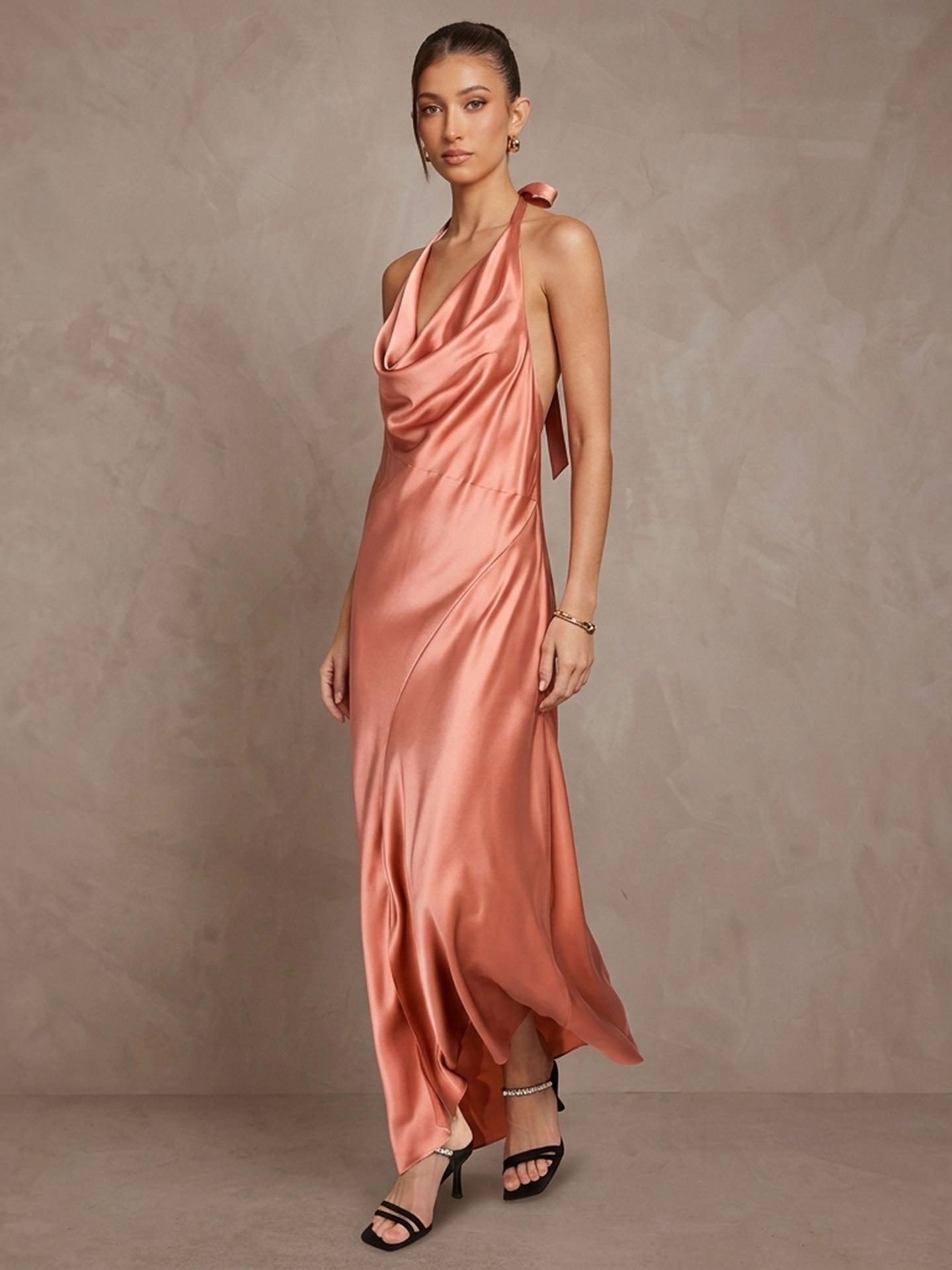 Cowl Neck Halter Silk Maxi Dress
