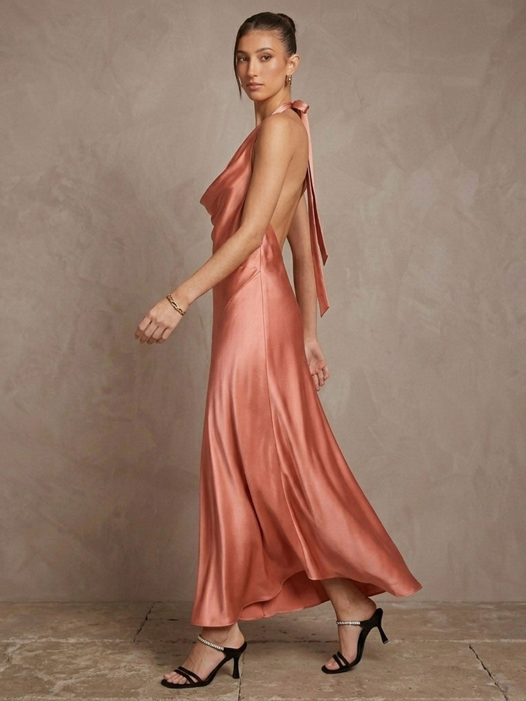 Cowl Neck Halter Silk Maxi Dress