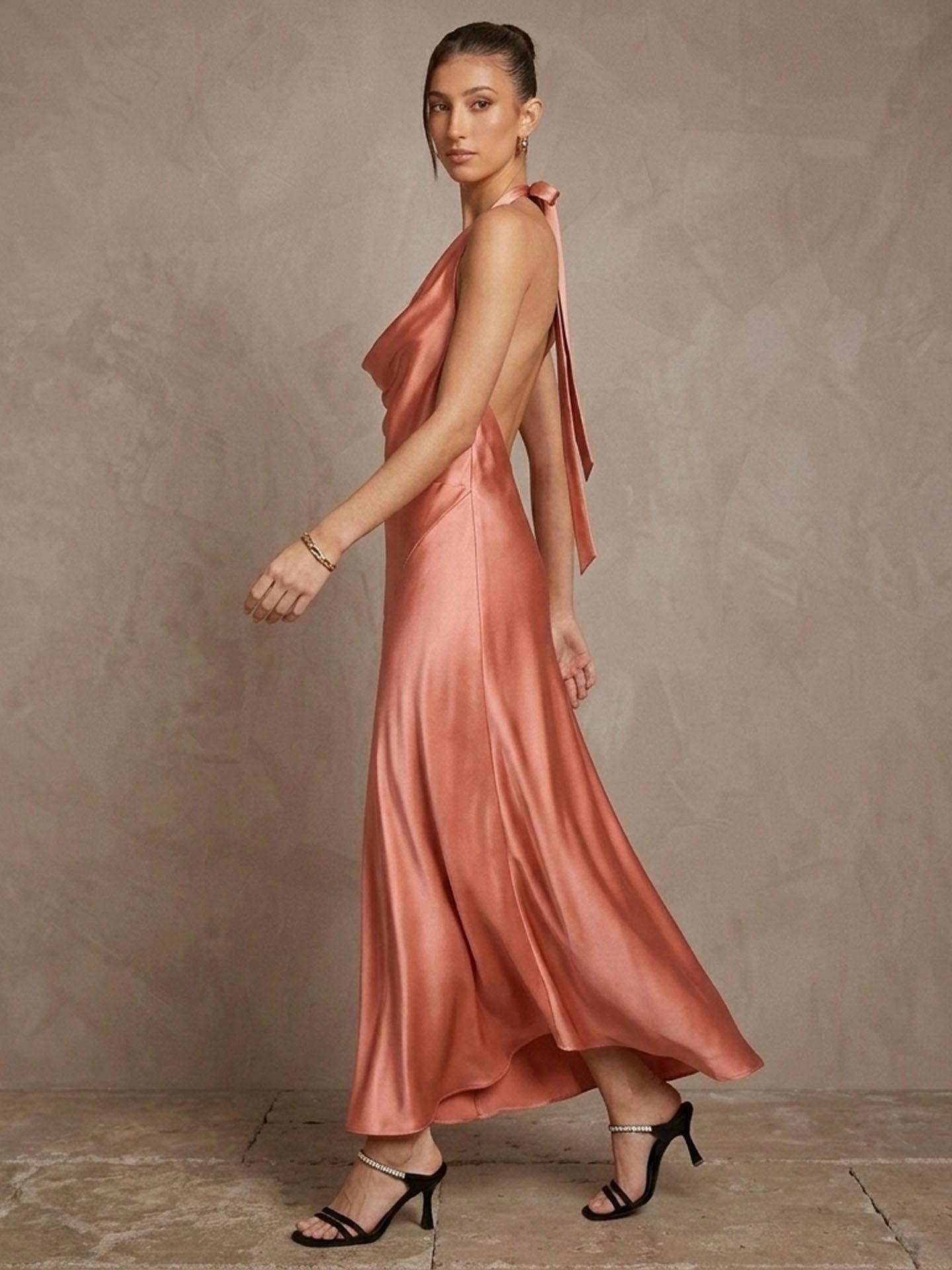 Cowl Neck Halter Silk Maxi Dress