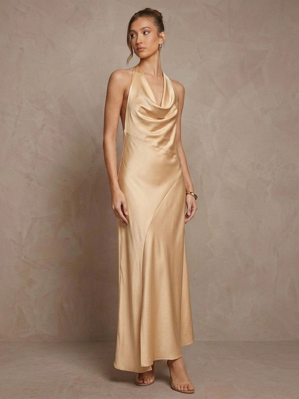 Cowl Neck Halter Silk Maxi Dress