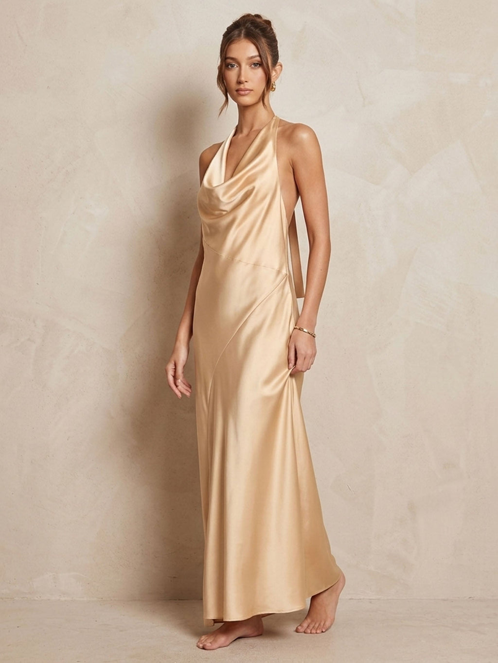 Cowl Neck Halter Silk Maxi Dress