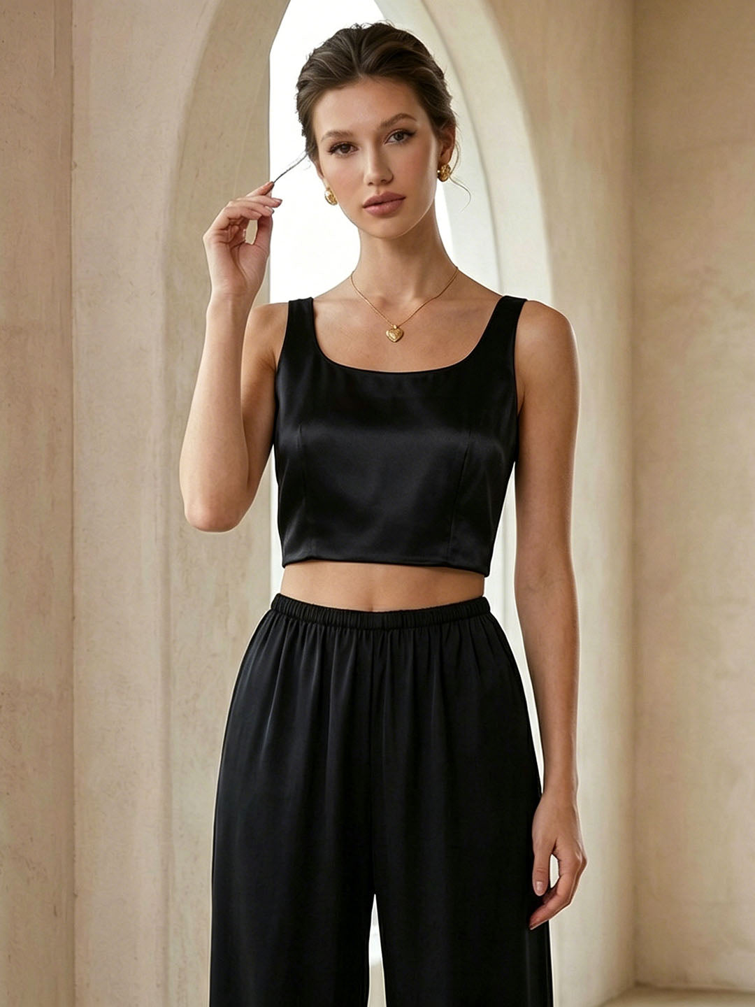 19mm Stretch Silk Satin Classic Cropped Tank Top