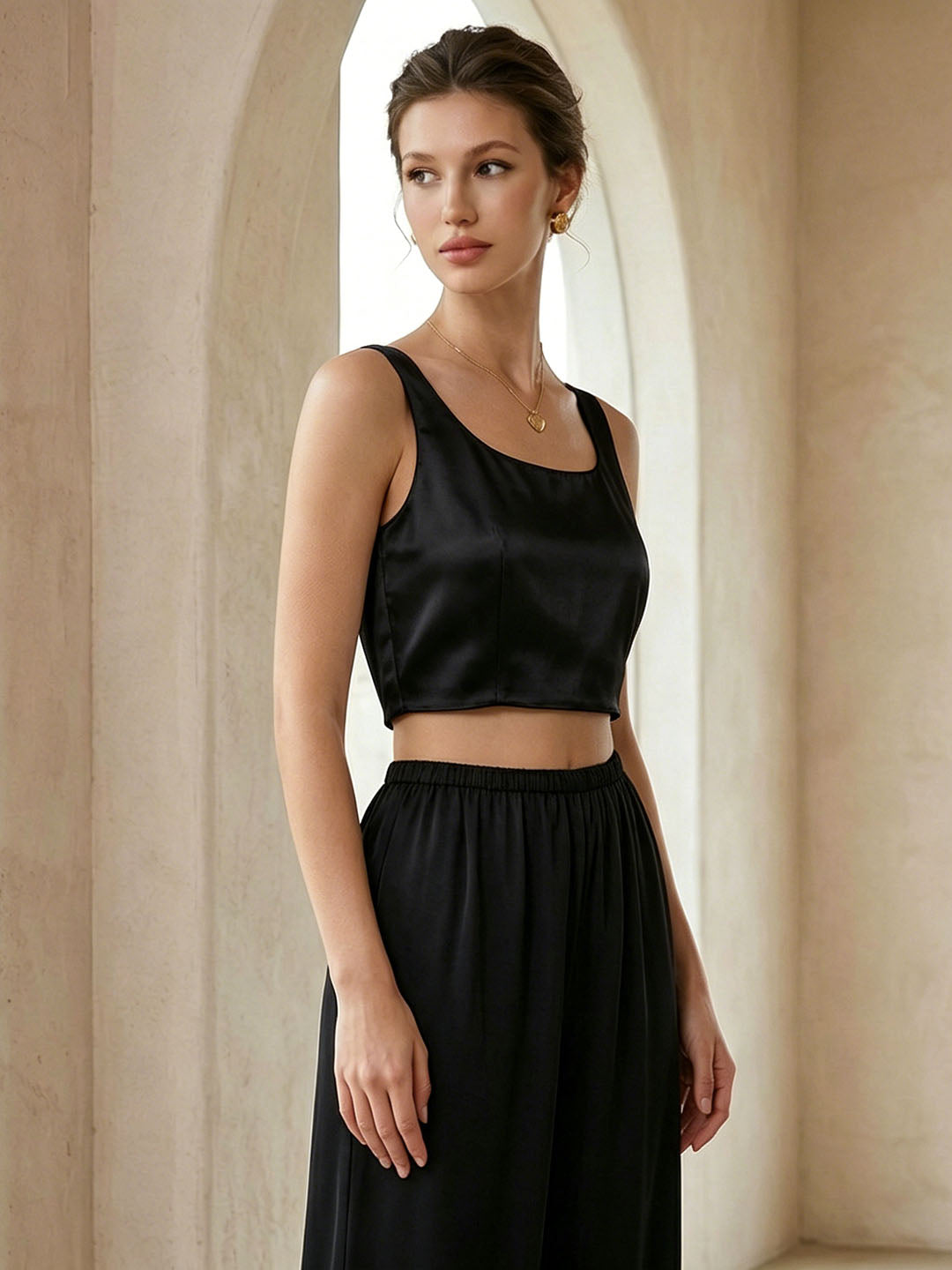 19mm Stretch Silk Satin Classic Cropped Tank Top
