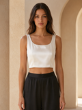 19mm Stretch Silk Satin Classic Cropped Tank Top #White