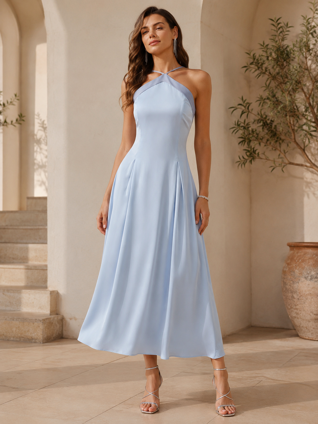Blue Halter Contrasting Satin Maxi Dress