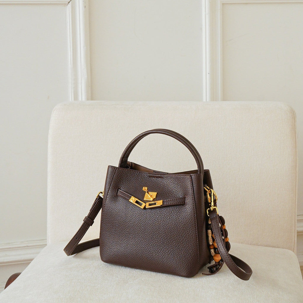 Avenza Belle Pebbled Leather Bucket Bag #Brown