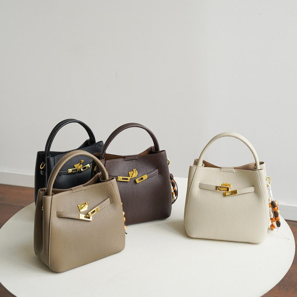 Avenza Belle Pebbled Leather Bucket Bag #Taupe #Brown #White #Black