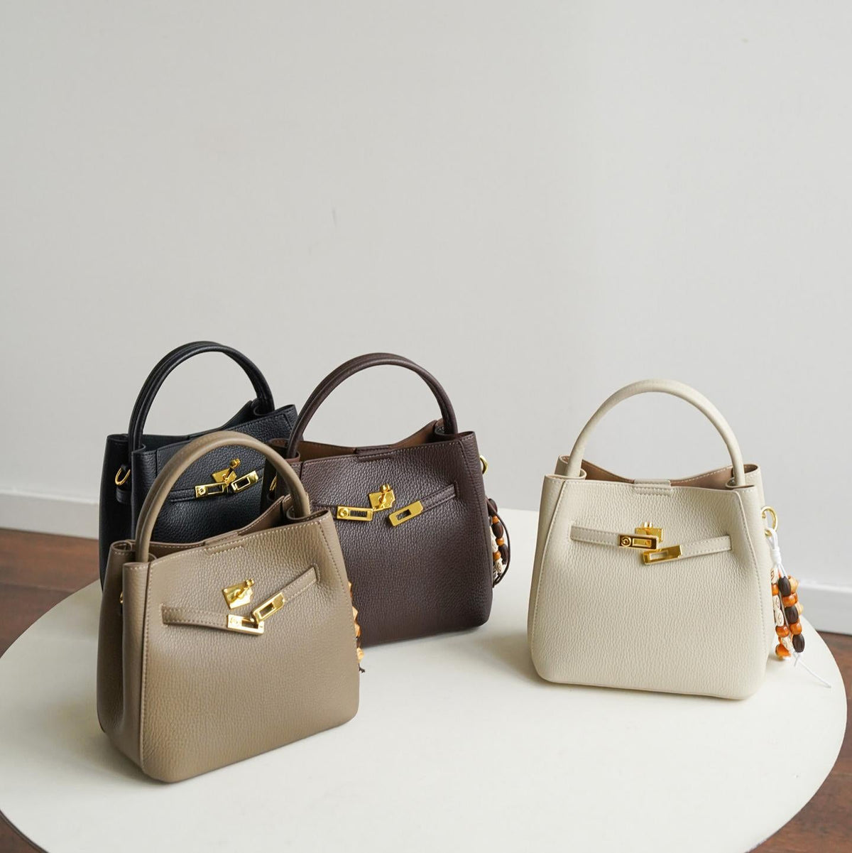 Avenza Belle Pebbled Leather Bucket Bag #Taupe #Brown #White #Black