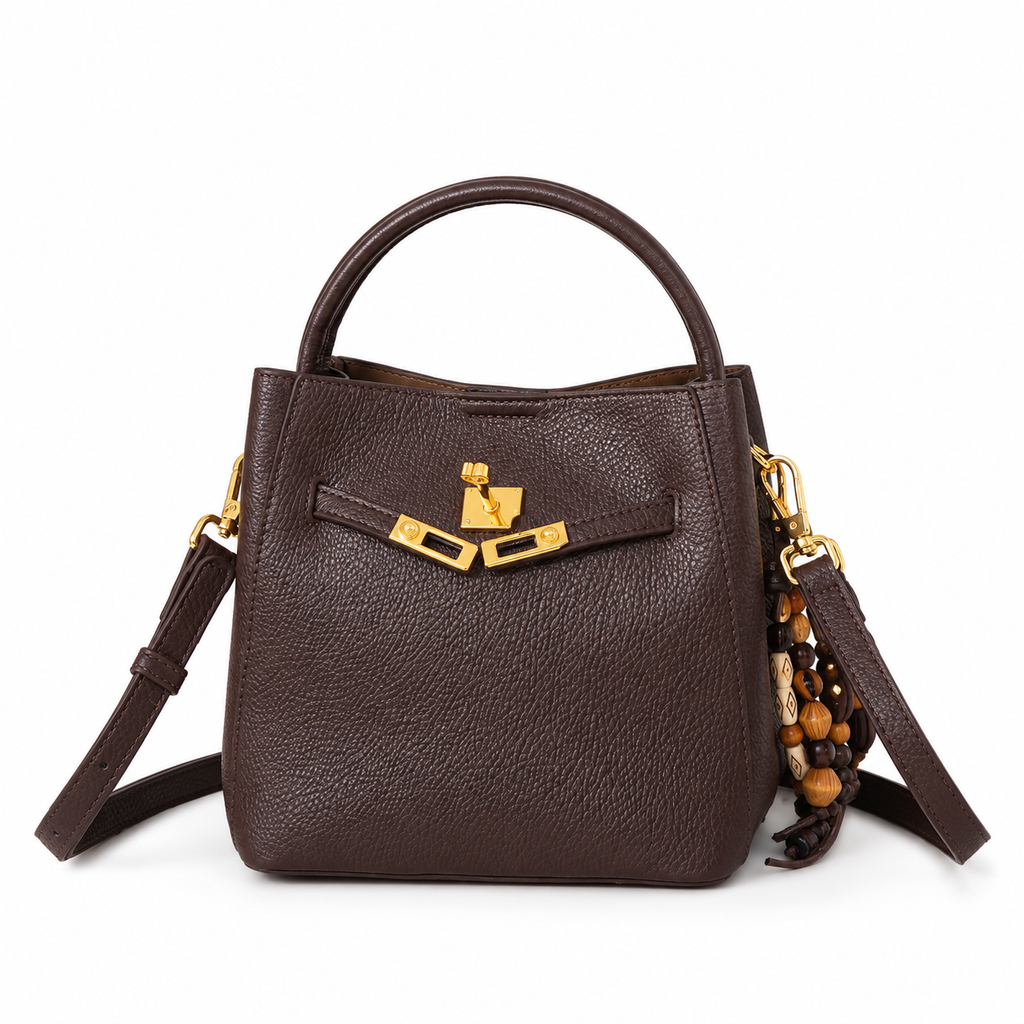 Avenza Belle Pebbled Leather Bucket Bag #Brown