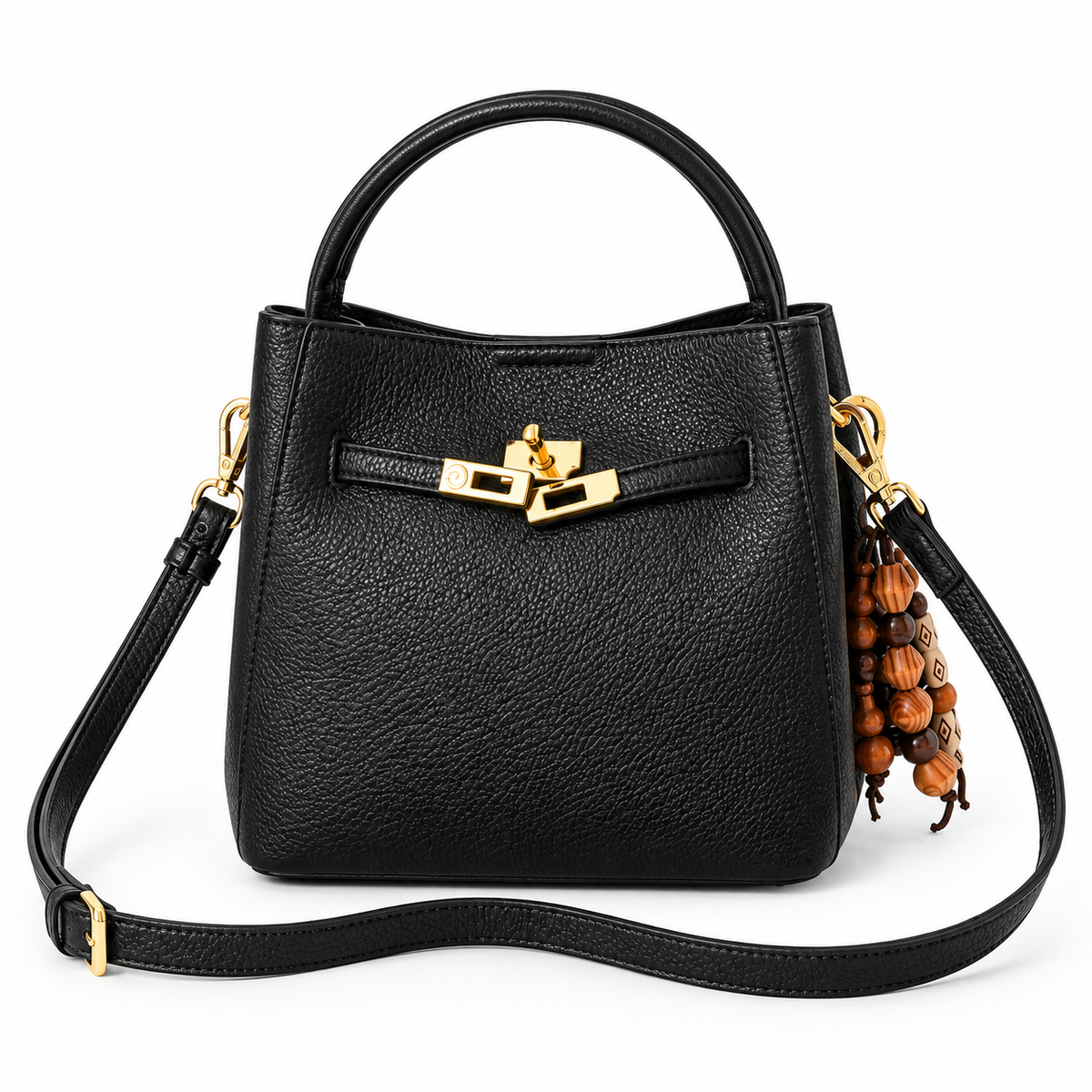 Avenza Belle Pebbled Leather Bucket Bag #Black