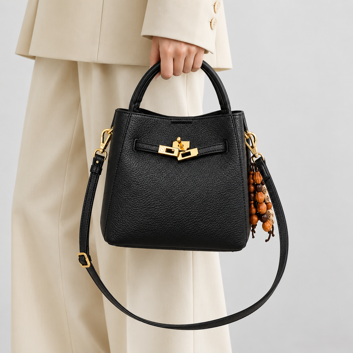 Avenza Belle Pebbled Leather Bucket Bag #Black
