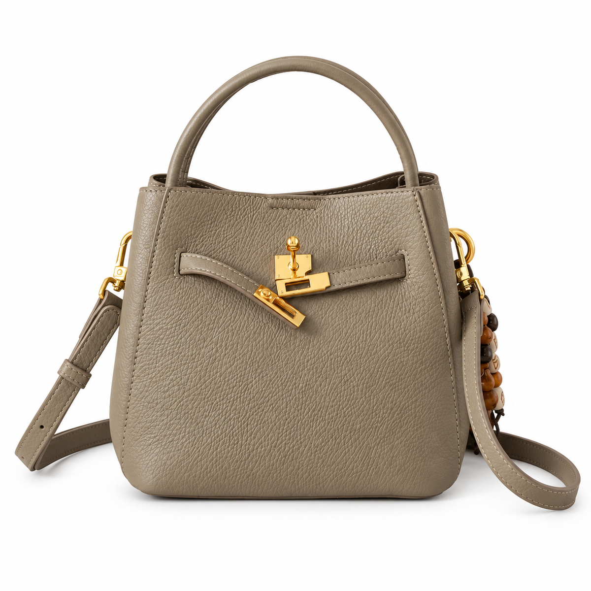 Avenza Belle Pebbled Leather Bucket Bag #Taupe