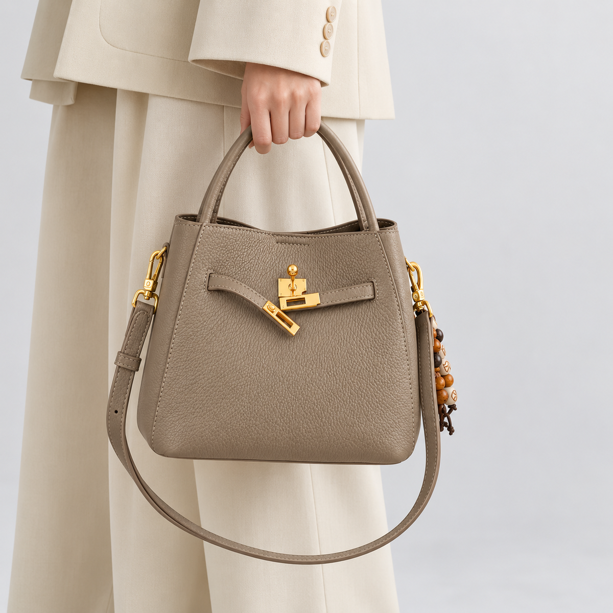 Avenza Belle Pebbled Leather Bucket Bag #Taupe
