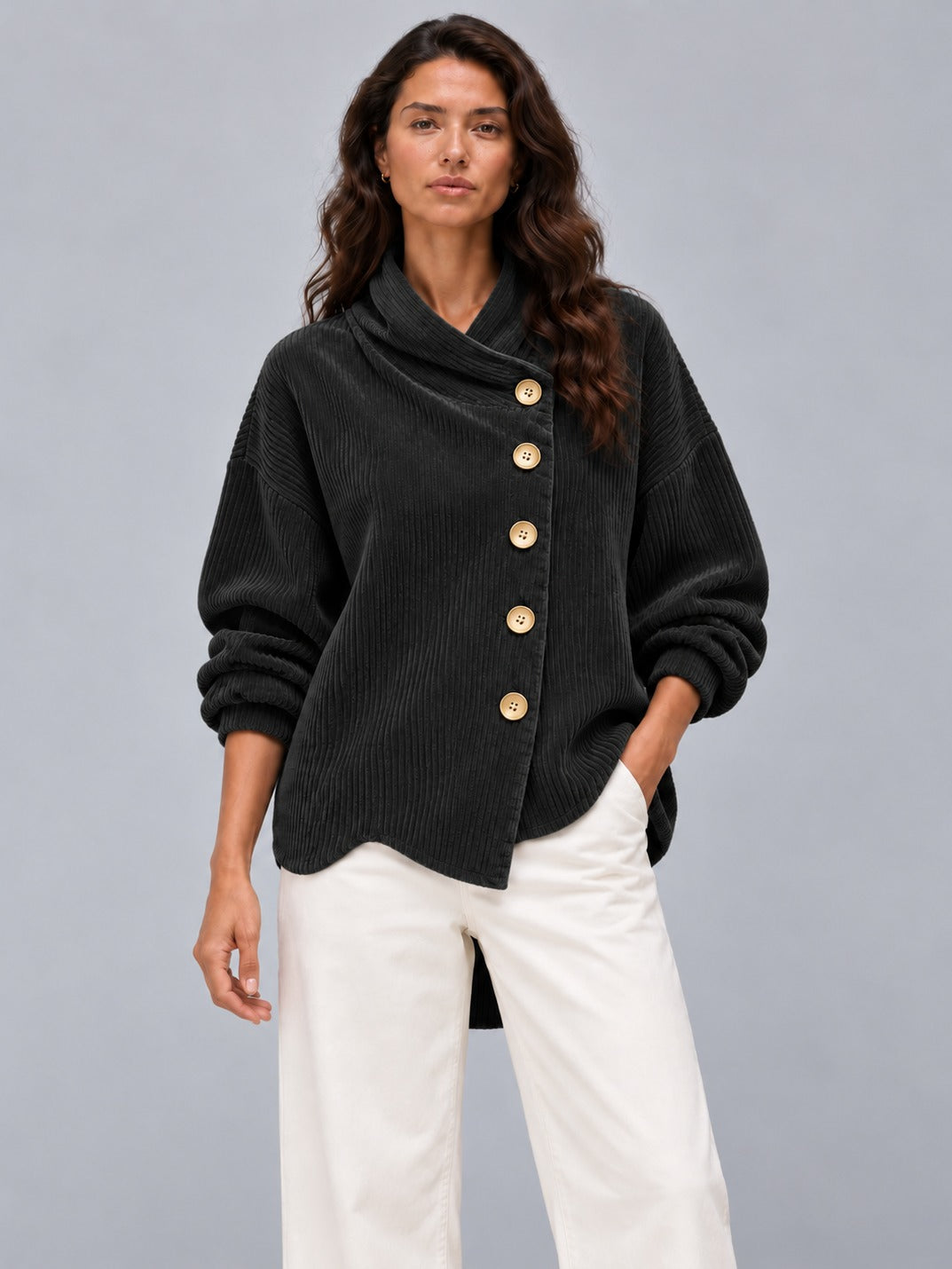 Avenza Diagonal Button Cord Top #Black