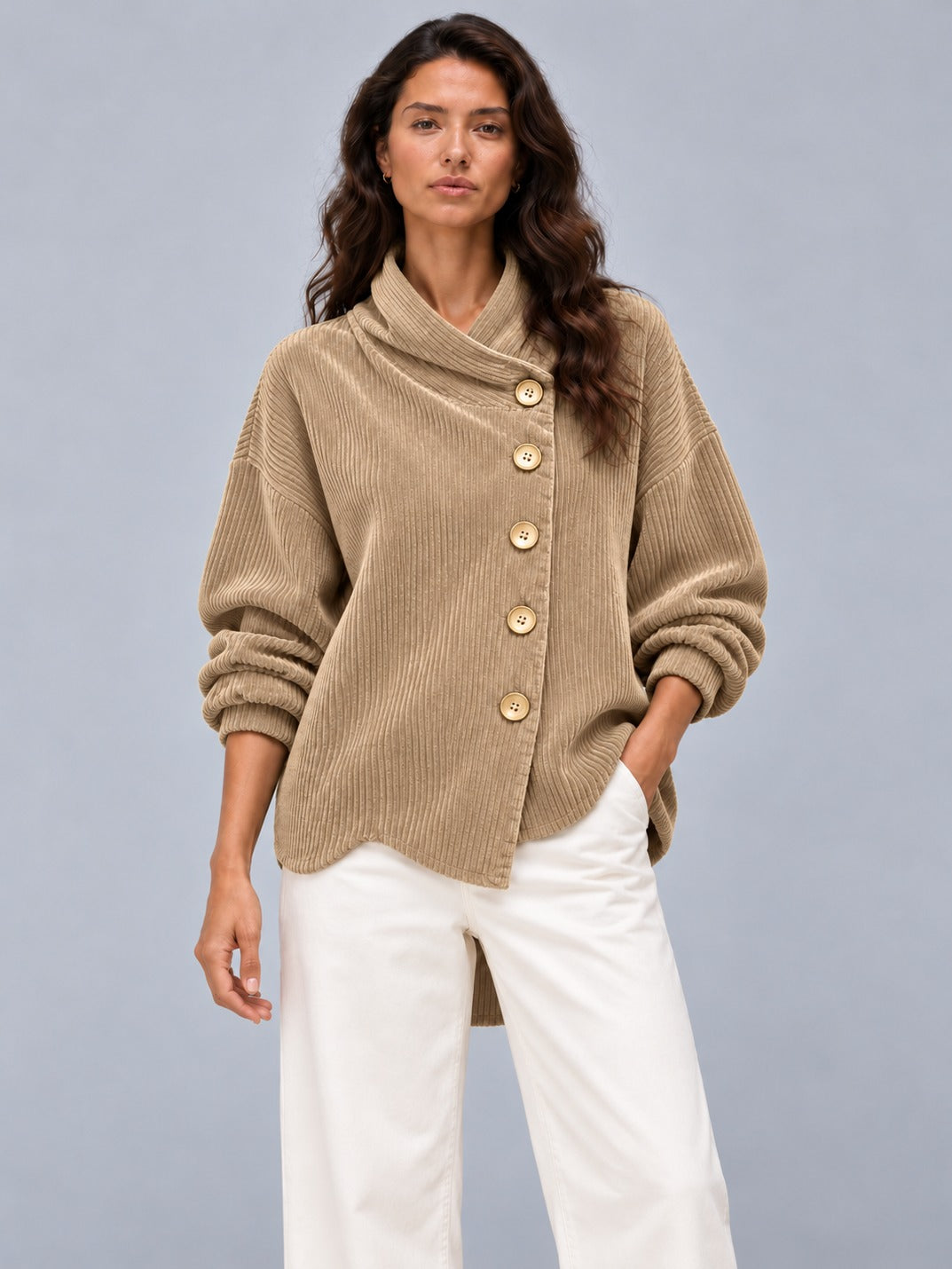 Avenza Diagonal Button Cord Top #Camel
