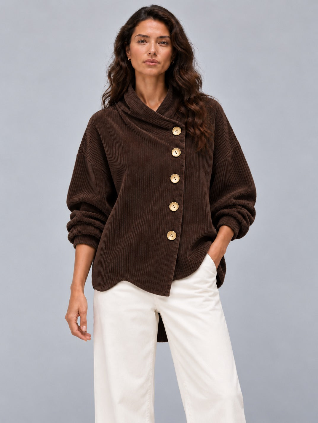 Avenza Diagonal Button Cord Top #Dark Brown