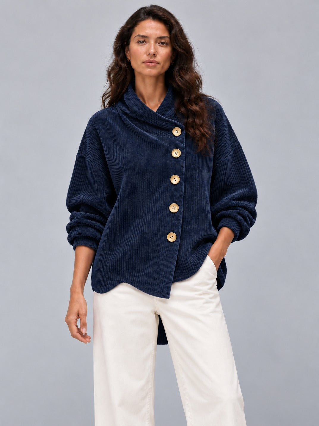 Avenza Diagonal Button Cord Top #Navy Blue
