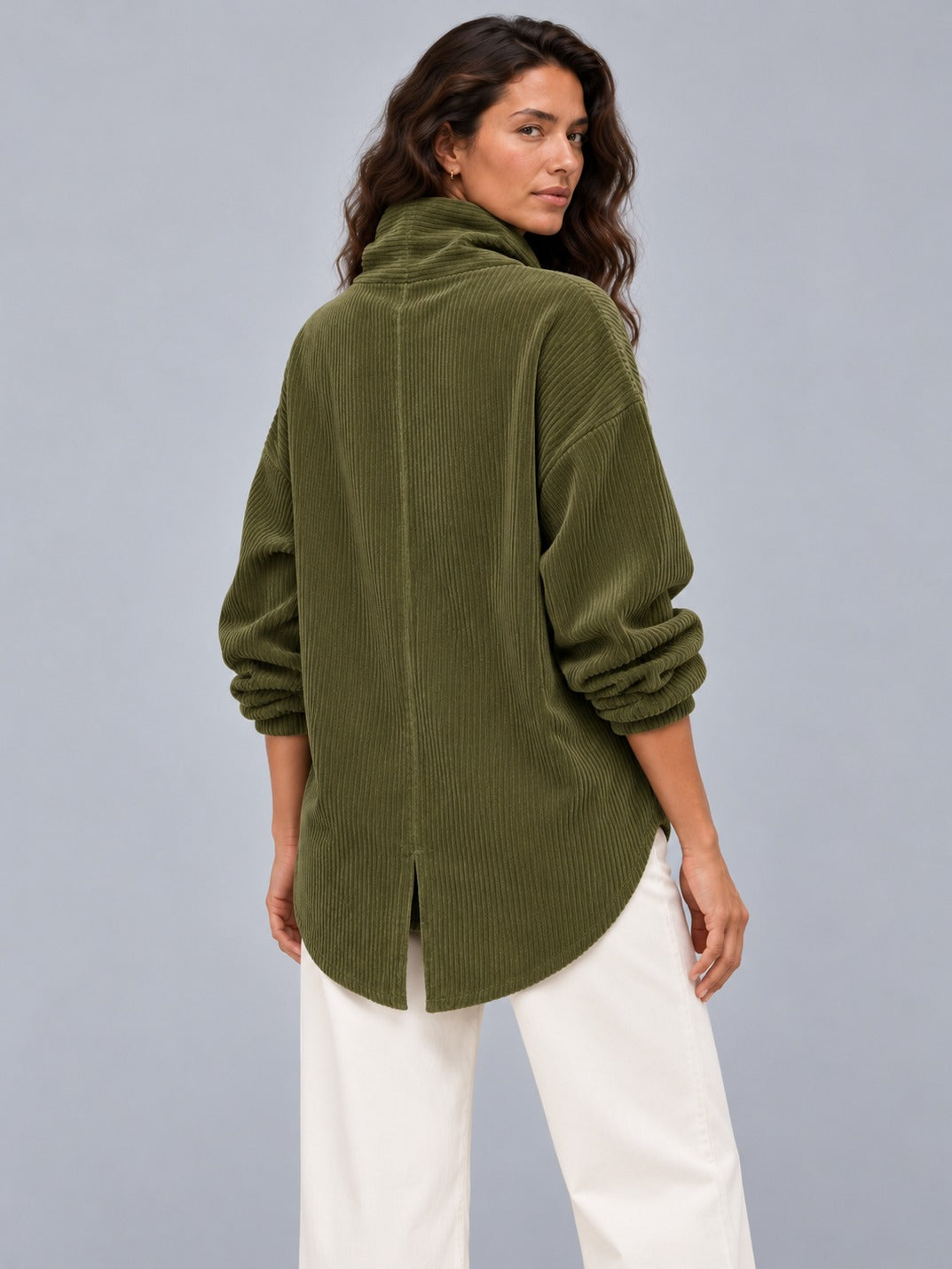 Avenza Diagonal Button Cord Top back view #Olive Green