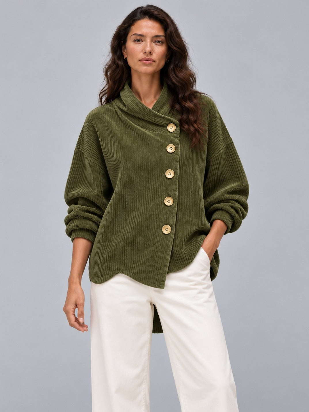 Avenza Diagonal Button Cord Top #Olive Green