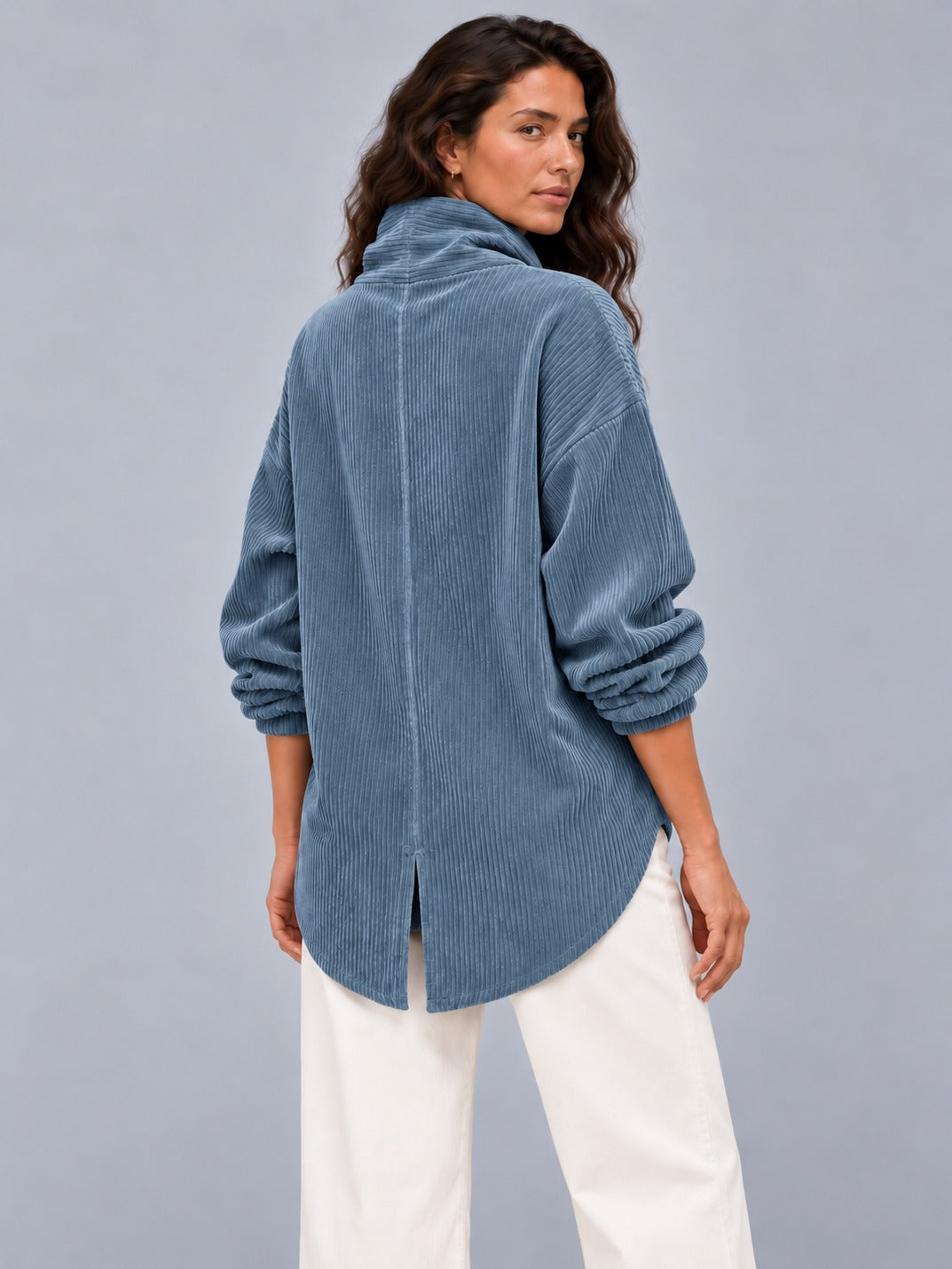 Avenza Diagonal Button Cord Top back view #Peacock Blue