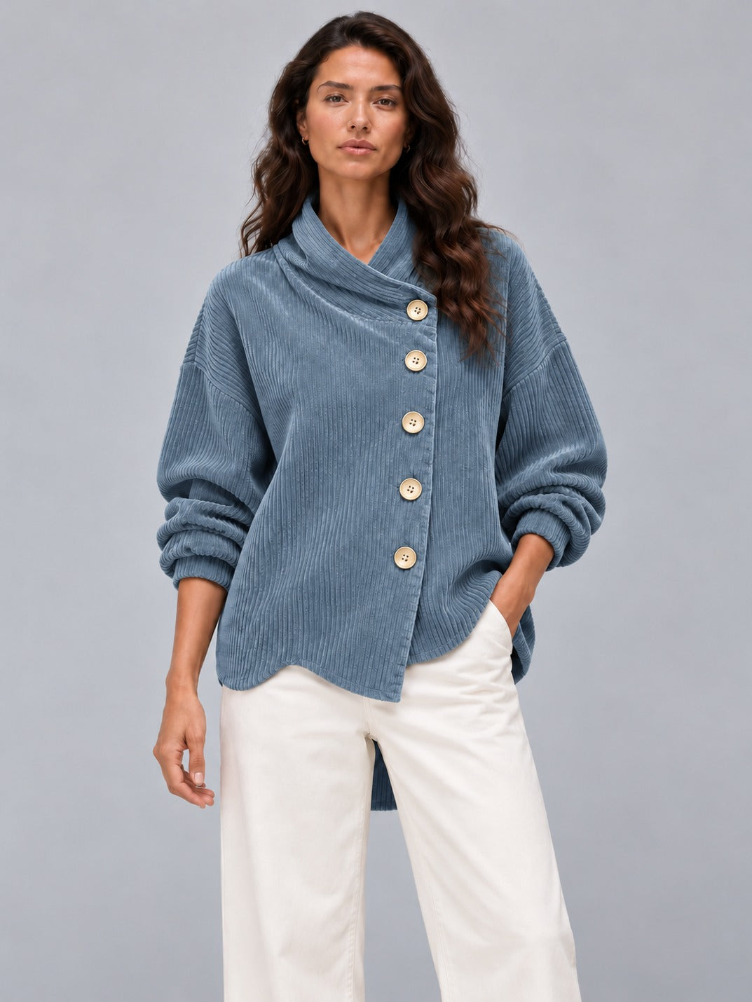 Avenza Diagonal Button Cord Top #Peacock Blue