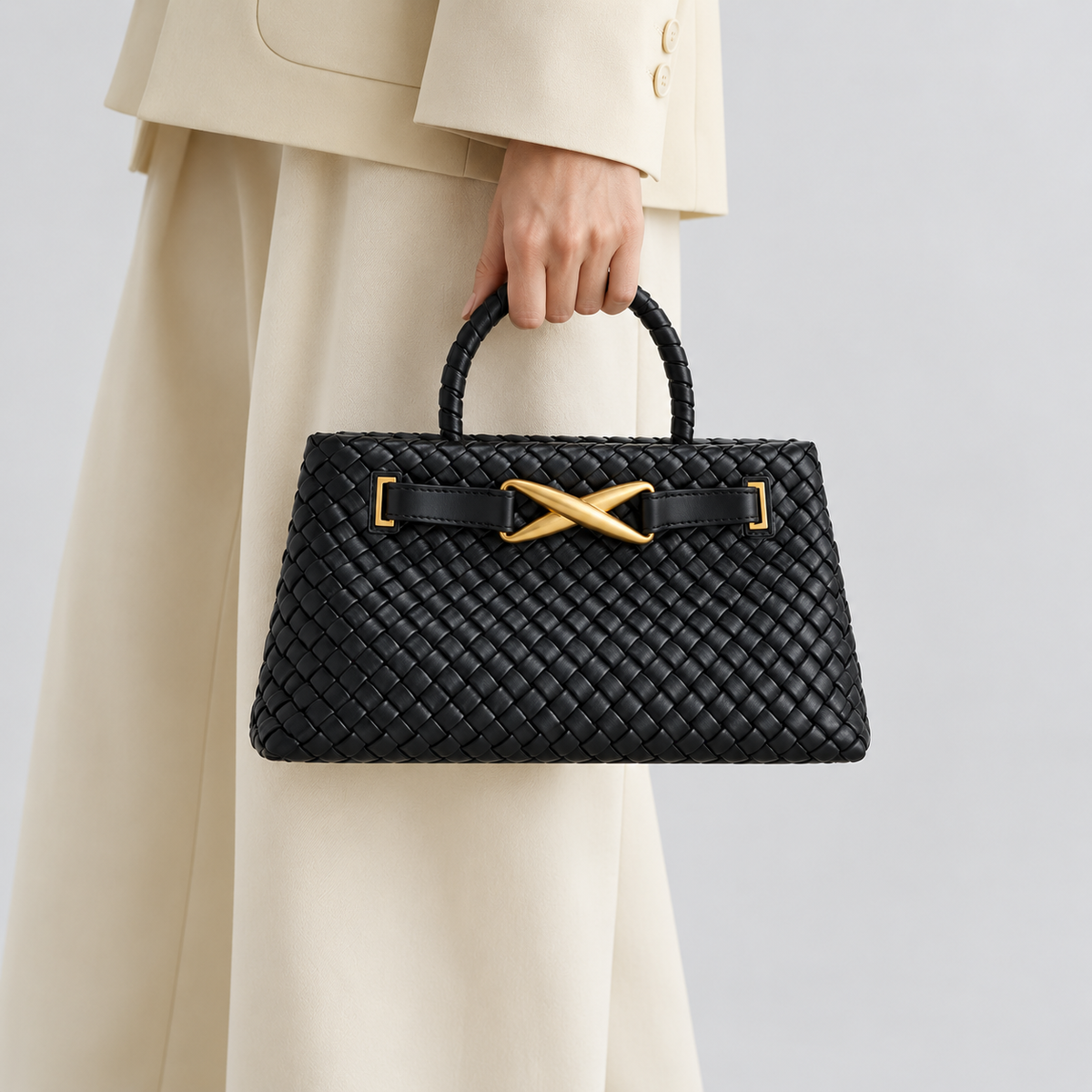 Avenza Elora Woven Vegan Leather Bag in Black, carried by hand