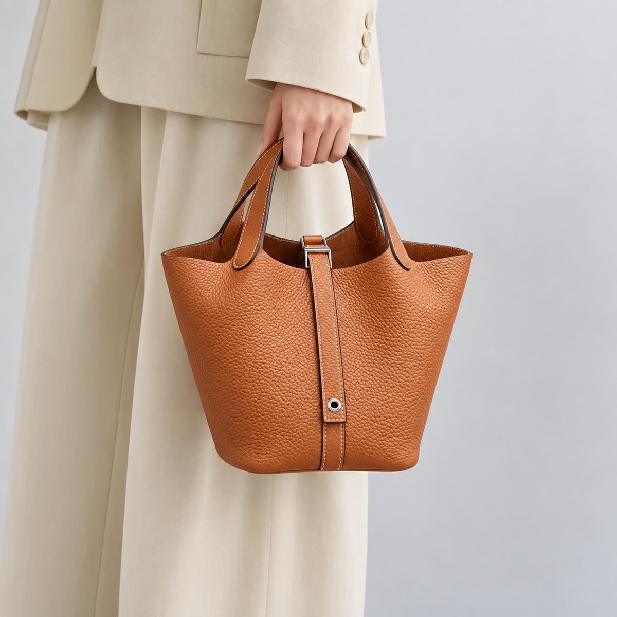 Avenza Paloma Top-Grain Leather Lock Bag in Gold Brown, carried by hand