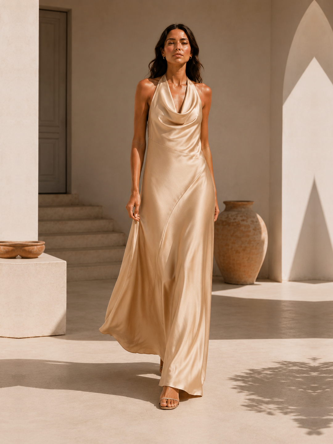 Cowl Neck Halter Silk Maxi Dress #Champagne