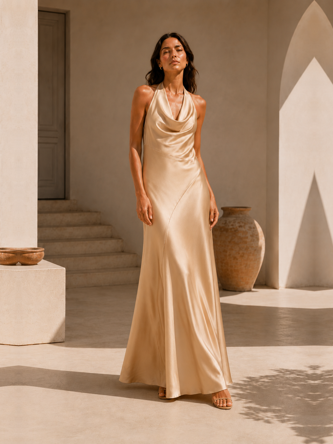 Cowl Neck Halter Silk Maxi Dress #Champagne