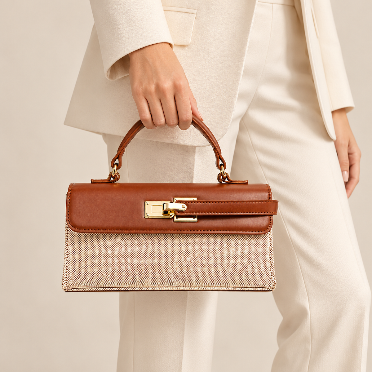 Avenza Celestine Two-Tone Top Handle Bag #Ivory & Brown