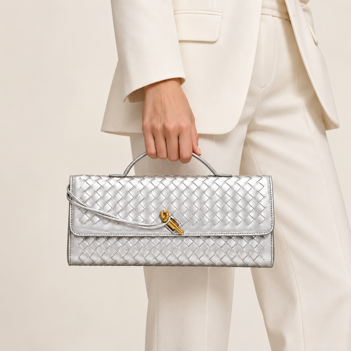 Avenza Isadora Woven Vegan Leather Bag #Silver