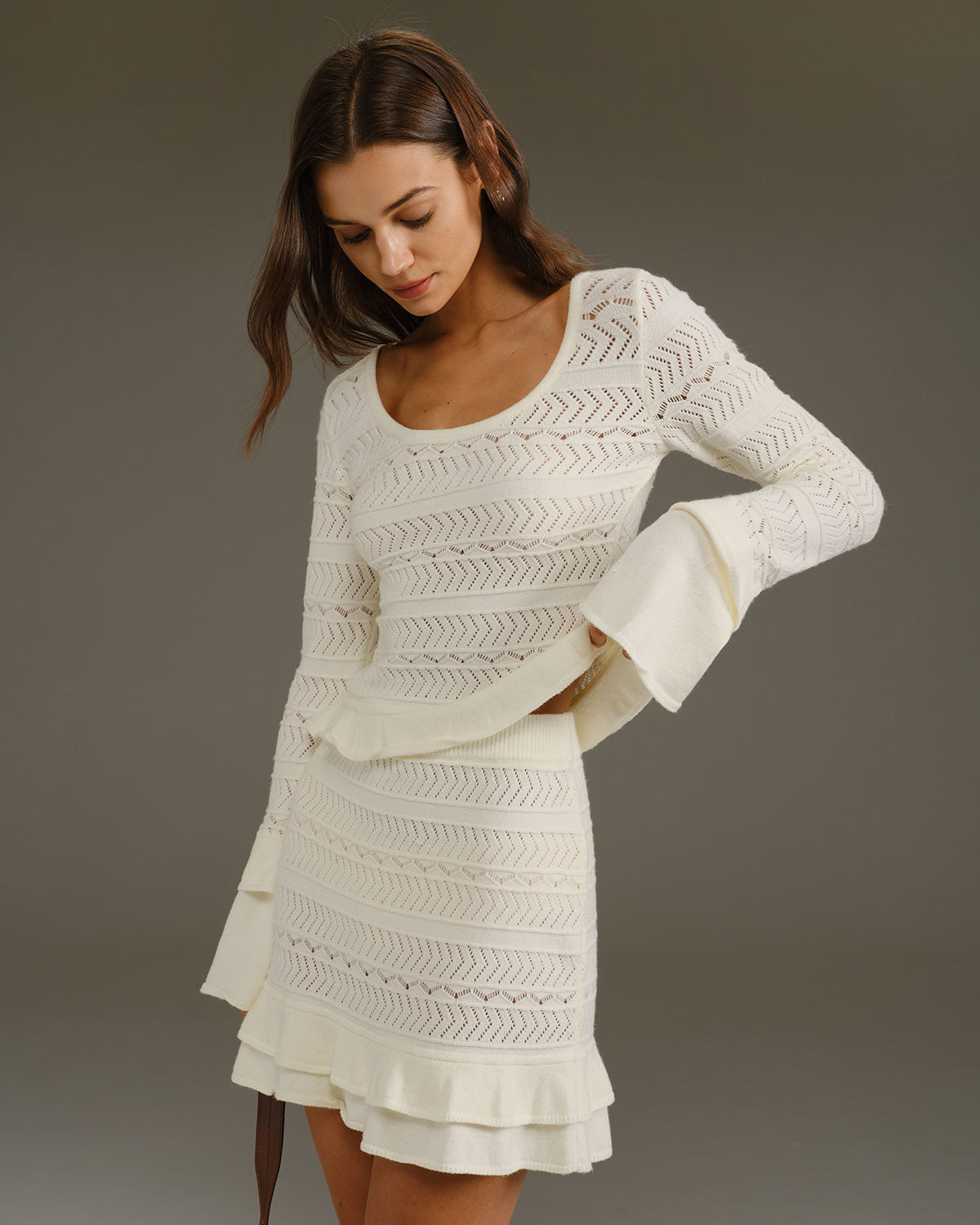 Falda Mini Knit de Cintura Alta con Volantes RIHOAS Beige
