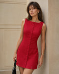 Red Boat Neck Button Mini Dress